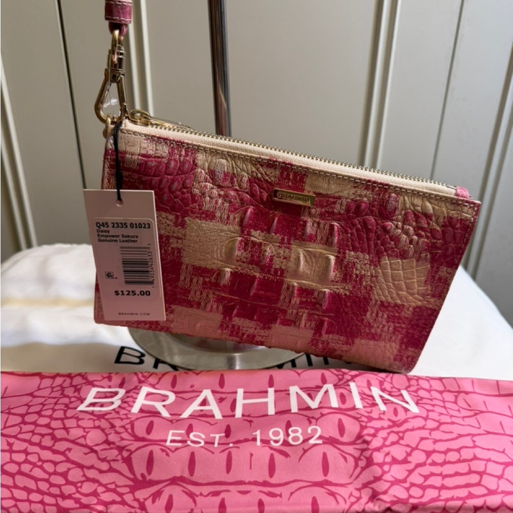 Brahmin Croc-Embossed Convertible Wristlet in Pink and Cream, BCA